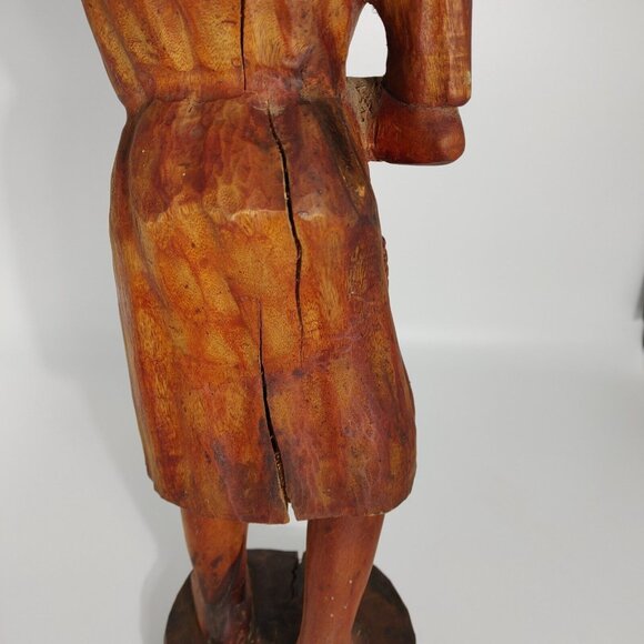 African Hand Carved Wooden Sculpture of a Woman Carrying a Basket Vintage Wood - Picture 9 of 12